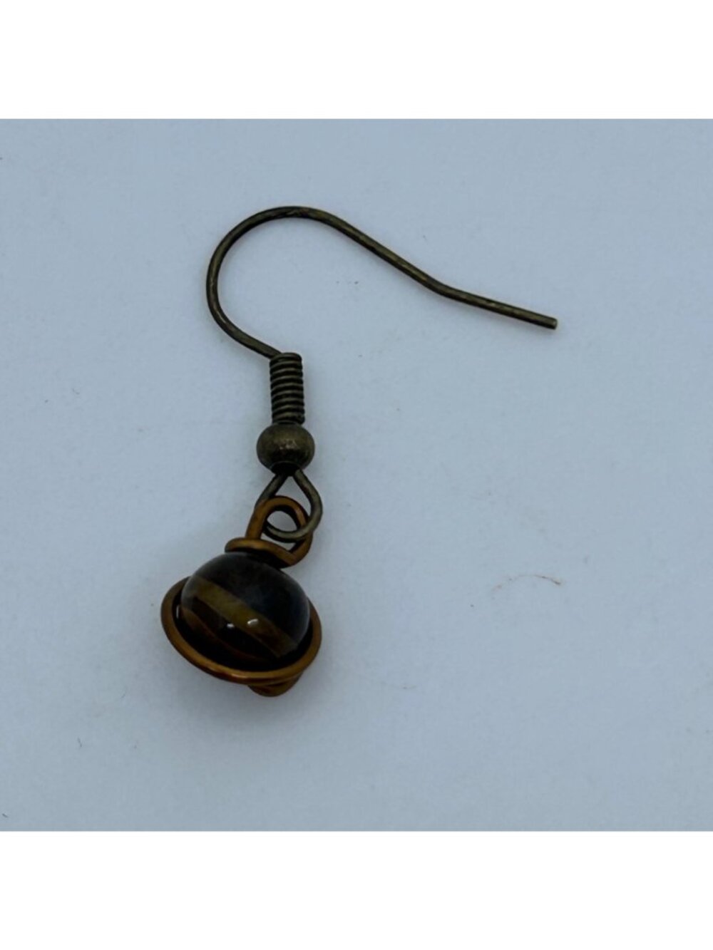 Handmade Tiger Eye Earrings, Bronze Tone Wire-Wrapped Gemstone Bead Dangle Drop - Picture 5 of 10
